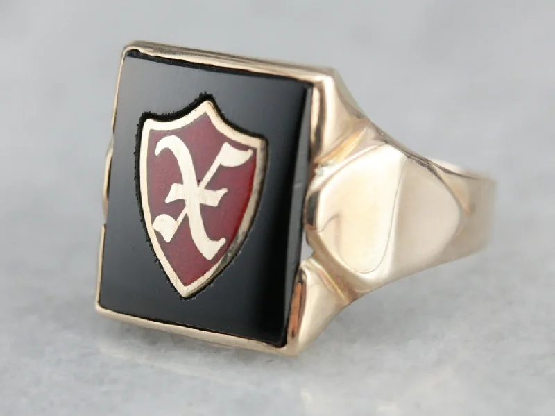 10K Gold Men's Onyx Ring  with Enamel X Inlay