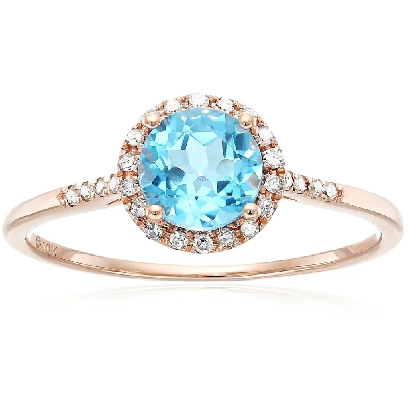 10k Rose Gold Swiss Blue Topaz and Diamond Classic Princess Di Halo Engagement Ring, Size 7