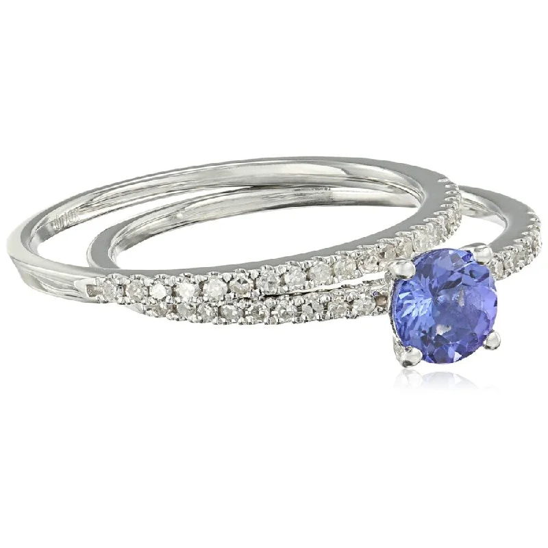 10k White Gold AAA Tanzanite and Diamond Stackable Ring, Size 7