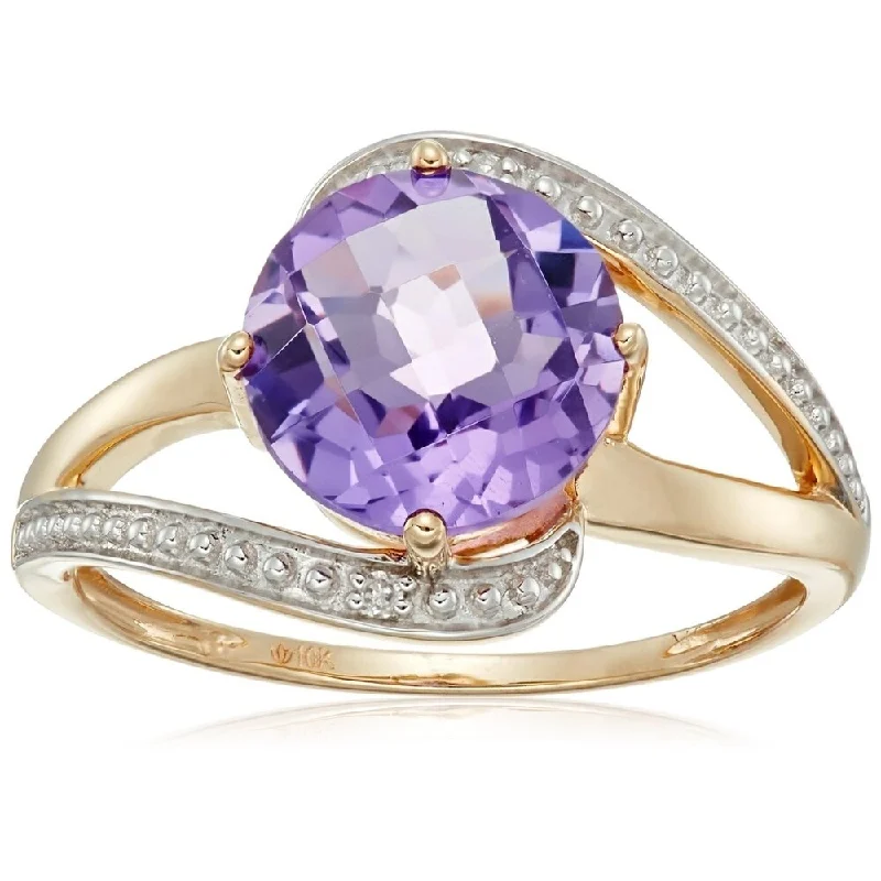 10k Yellow Gold African Amethyst & Diamond Solitaire Ring, Size 7 - Purple