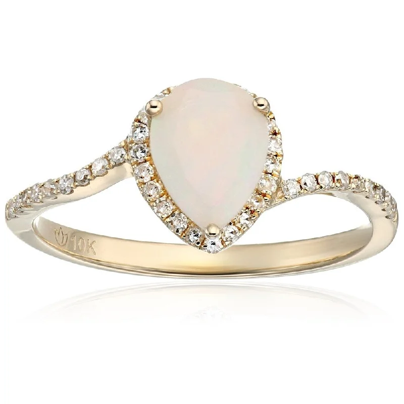 10k Yellow Gold Ethiopian Opal Diamond Pear Engagement Ring - White