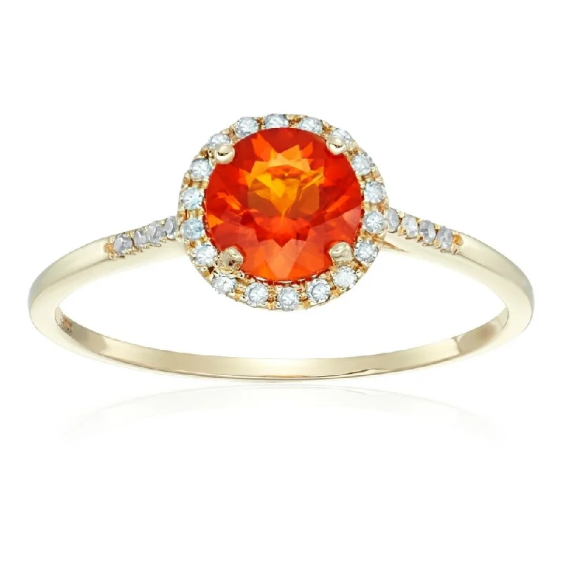 10k Yellow Gold Fire Opal and Diamond Classic Princess Di Halo Engagement Ring , Size 7