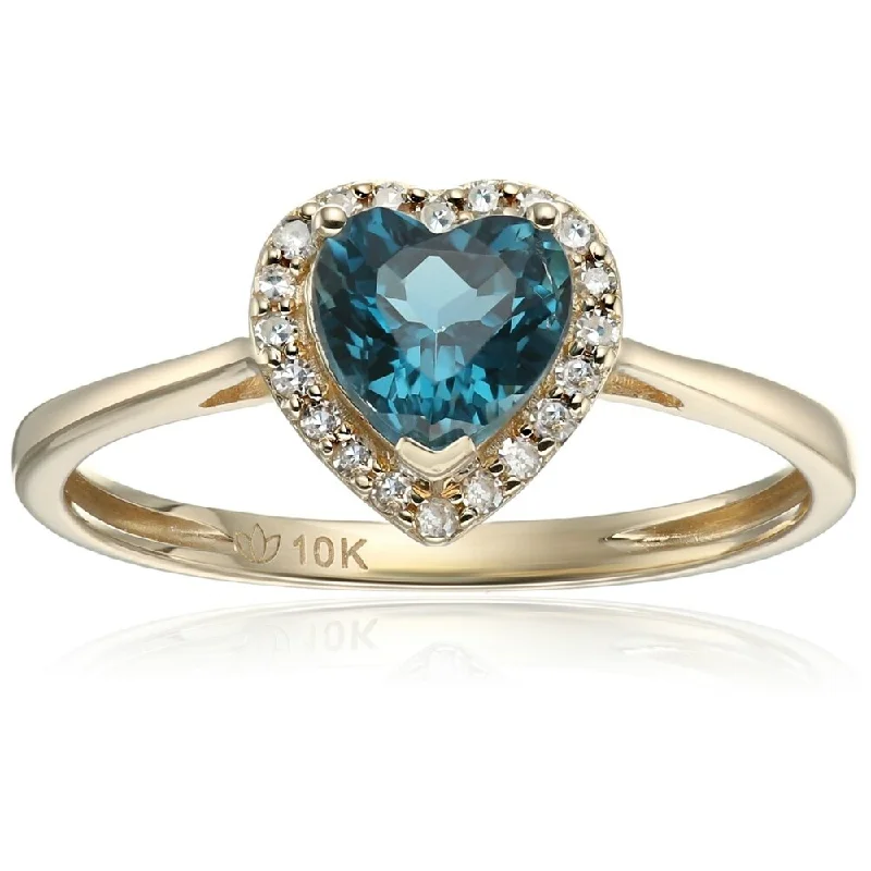 10k Yellow Gold London Blue Topaz and Diamond Solitaire Heart Halo Engagement Ring, Size 7