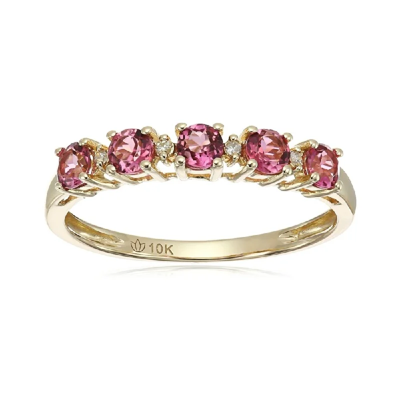 10kt Yellow Gold Pink Tourmaline & Diamond Accent Stack Ring Size - 7