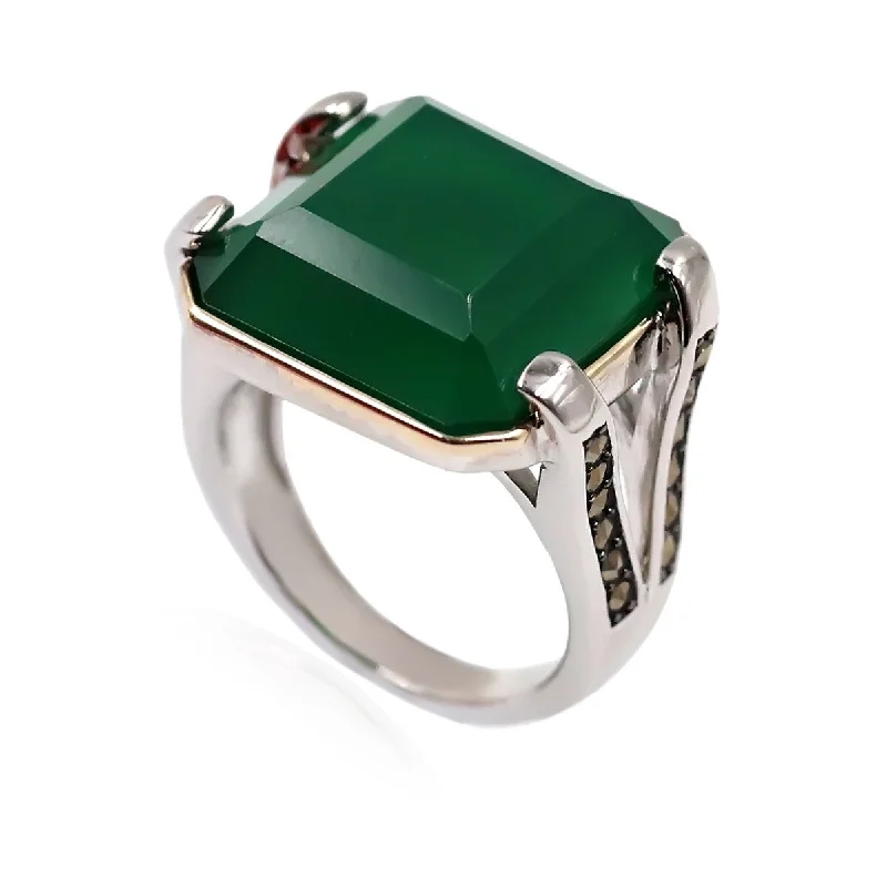 14k Gold and Sterling Silver Green Agate and Marcasite Ring