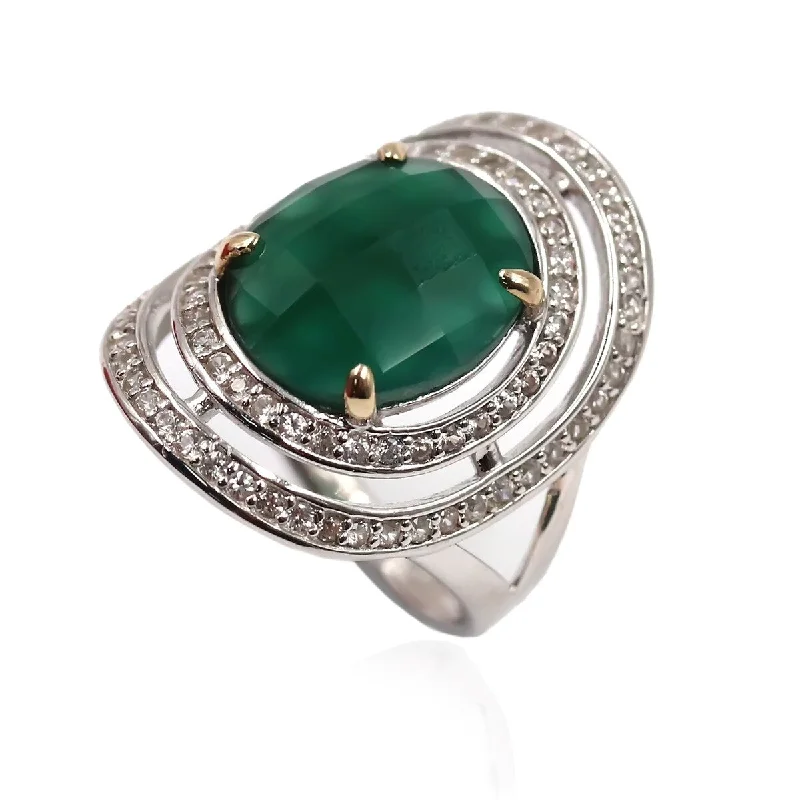 14k Gold and Sterling Silver Green Agate and Zircon Ring