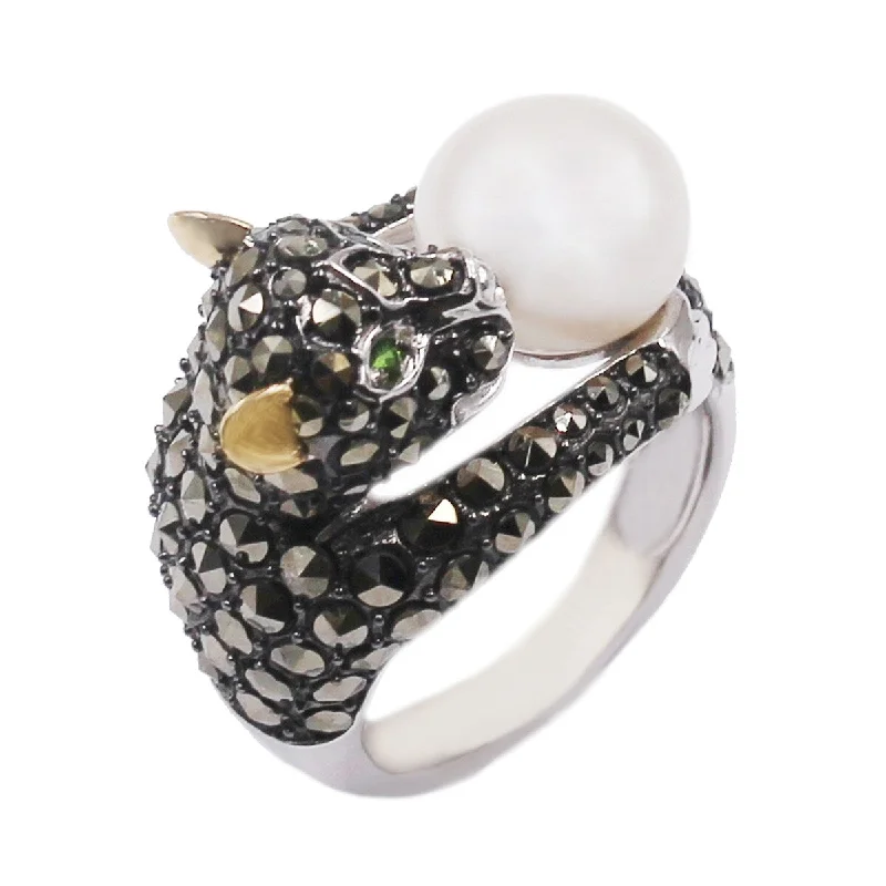 14k Gold and Sterling Silver Pearl and Marcasite Ring