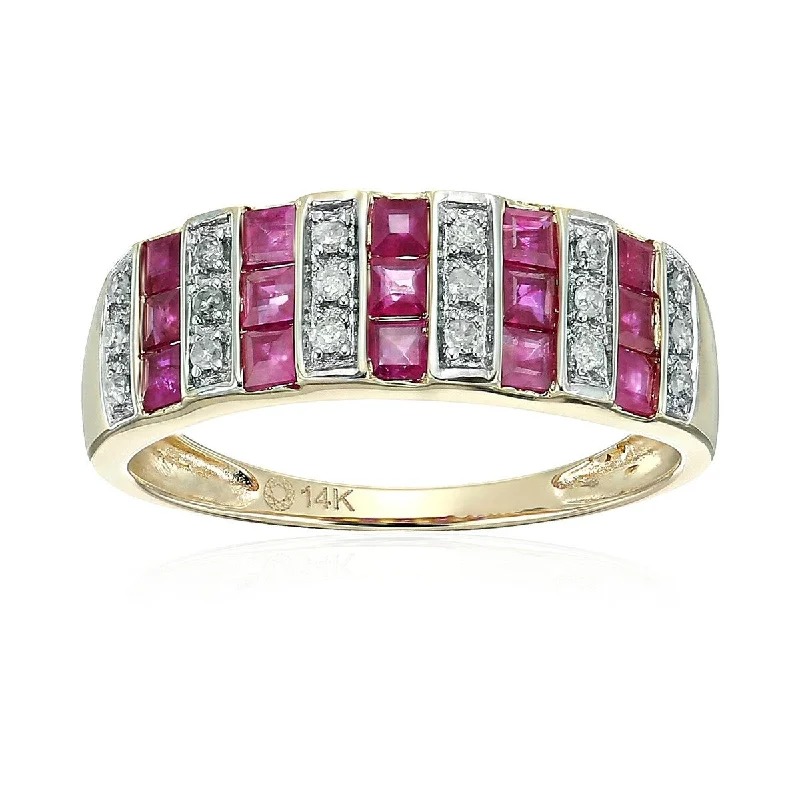 14k Yellow Gold Ruby and Diamond Wedding Band, Size 7