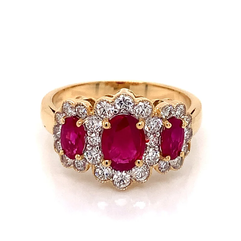 18ct Yellow Gold Vintage Style Three Stone Oval Ruby & Diamond Halo Ring