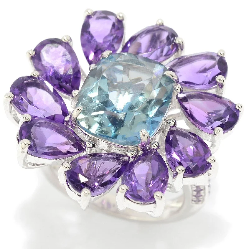 925 Sterling Silver Aqua Quartz and African Amethyst Ring