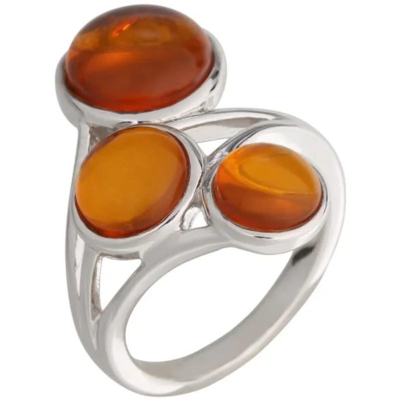 925 Sterling Silver Baltic Amber 3-Stone Ring