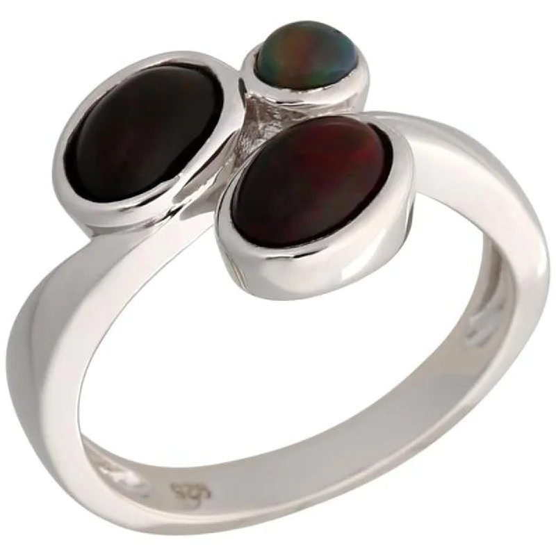 925 Sterling Silver Black Opal 3-Stone Ring