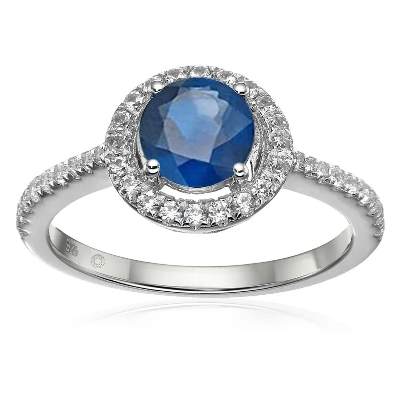 925 Sterling Silver Blue Sapphire and Created White Sapphire Ring