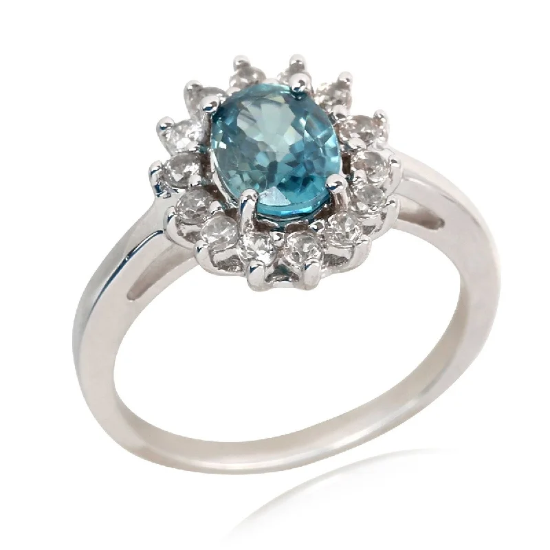 925 Sterling Silver Blue Zircon and White Natural Zircon Ring