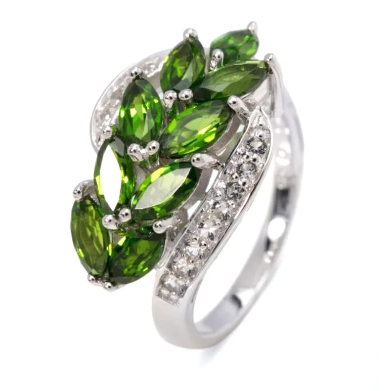 925 Sterling Silver Chrome Diopside and White Topaz Ring