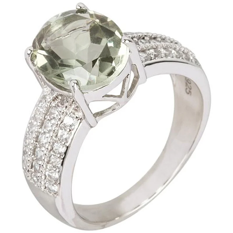 925 Sterling Silver Green Amethyst and White Natural Zircon Ring