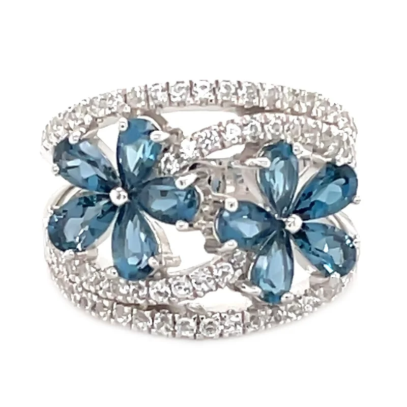 925 Sterling Silver London Blue Topaz and Created White Sapphire Gemstone Flower Ring