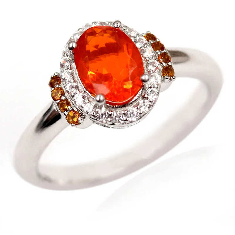 925 Sterling Silver Madeira Orange Opal and White Natural Zircon Ring