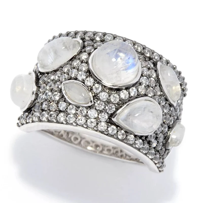 925 Sterling Silver Rainbow Moonstone and White Natural Zircon Ring