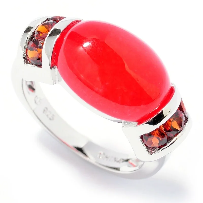 925 Sterling Silver Red Garnet and Red Jade Ring