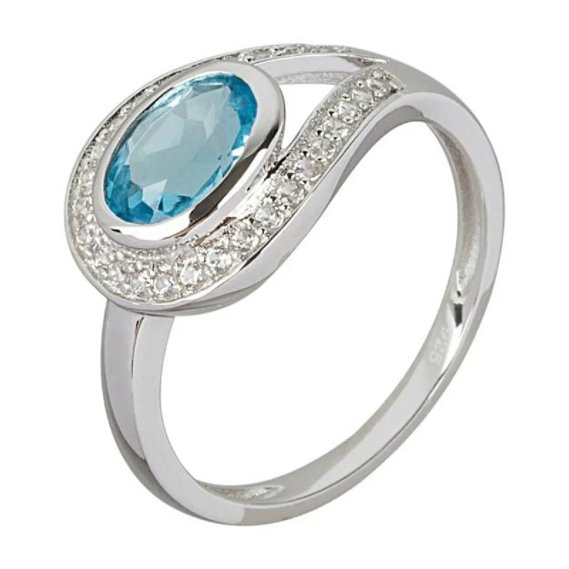 925 Sterling Silver Swiss Blue Topaz and White Natural Zircon Ring