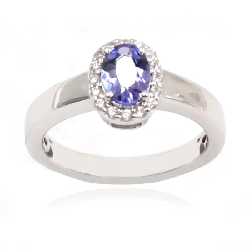 925 Sterling Silver Tanzanite and White Natural Zircon Ring