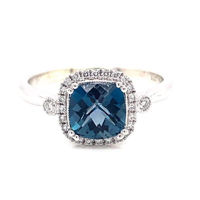 9ct White Gold London Blue Topaz & Diamond Cushion Ring