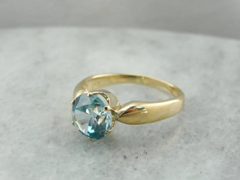 Blue Zircon Cocktail Ring in Modern Yellow Gold