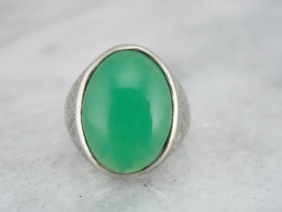 Engraved Art Deco Chrysoprase White Gold Statement Ring