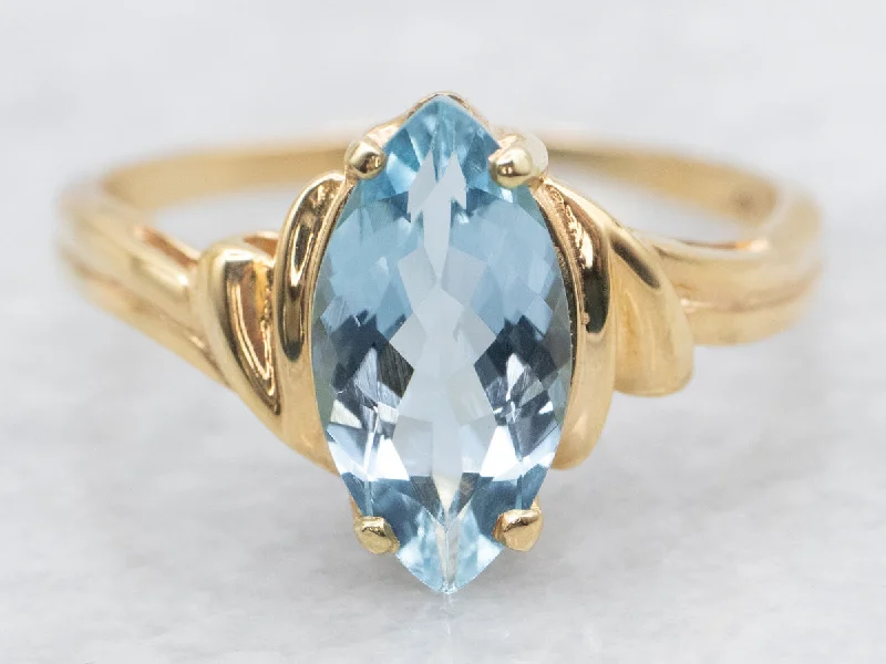 Crisp Blue Aquamarine Cat's Eye and Gold Cocktail Ring