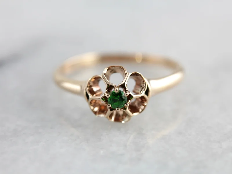 Demantoid Garnet Solitaire in Vintage Open Work, Honeycomb Setting