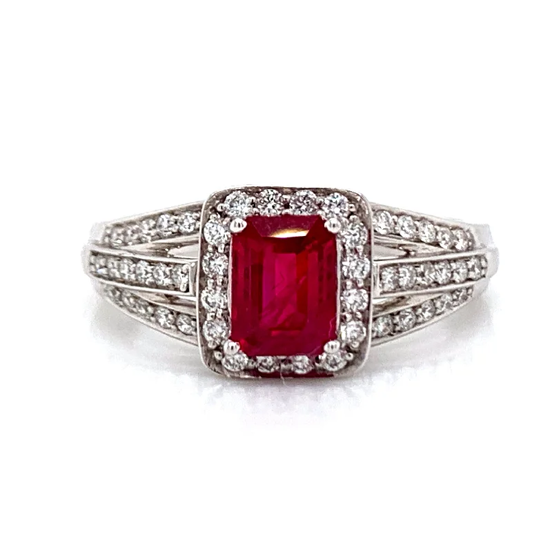 Emerald Cut .75ct Ruby in Triple Shank .35ct Pave set Diamond 18ct White Gold Ring