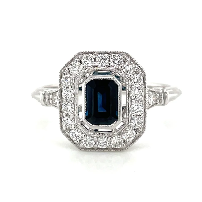 Emerald Cut Sapphire & Diamond Vintage style White Gold Ring