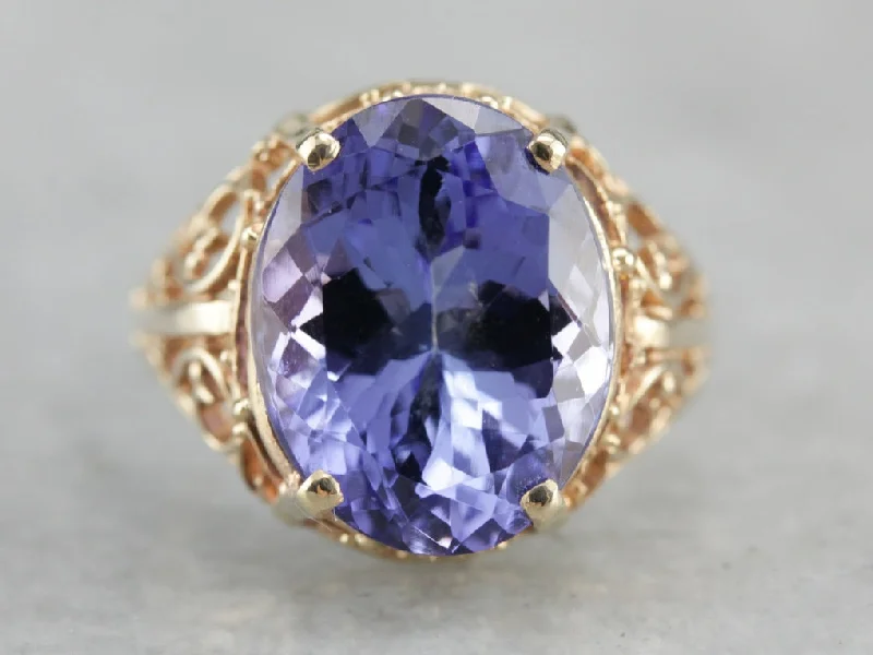 Fine Tanzanite Gold Filigree Cocktail Ring