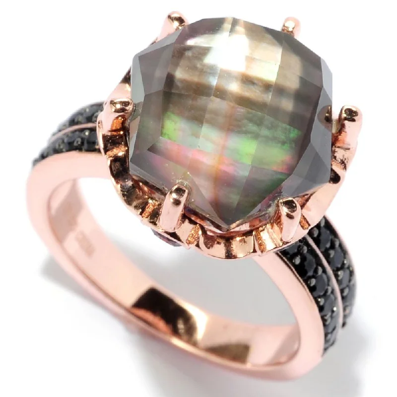 Gold over Silver Mother of Pearl Doublet Amethyst and Black Spinel Crown Ring