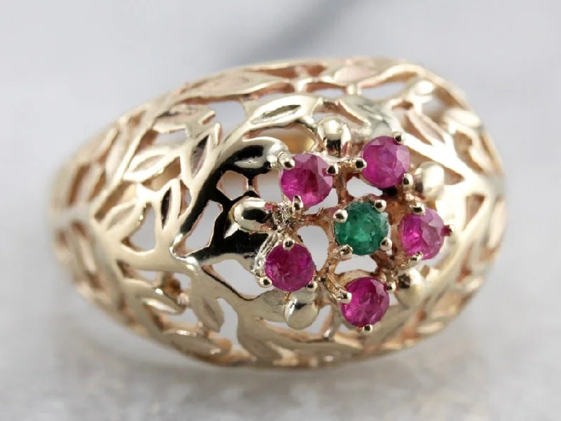 High Domed Leaf Motif Emerald and Ruby Cluster Ring