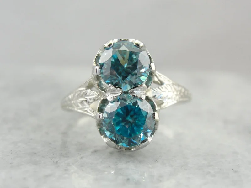 Incredible Art Deco, Double Blue Zircon Cocktail Ring in White Gold