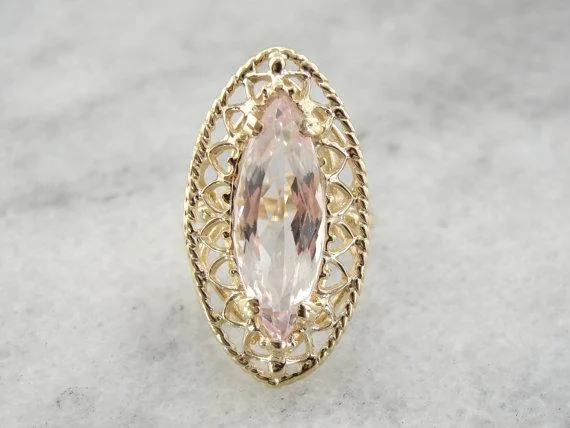 Large Marquise Morganite Gem in Filigree Gold Cocktail Ring