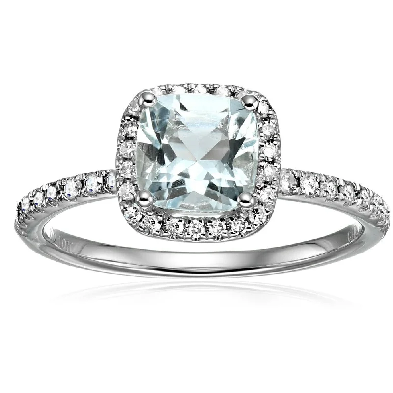 Pincore 10k White Gold Aquamarine and Diamond Cushion Halo Engagement Ring