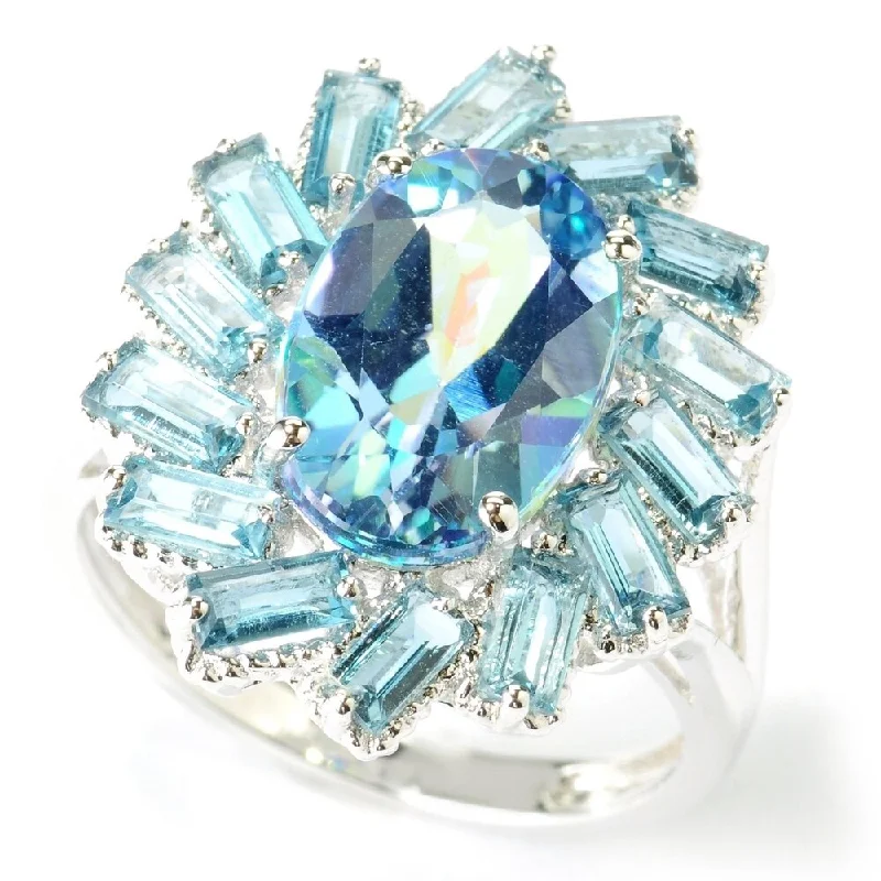 Platinum O/ Silver 5.97Ctw Millenium Topaz and London Blue Topaz Ring