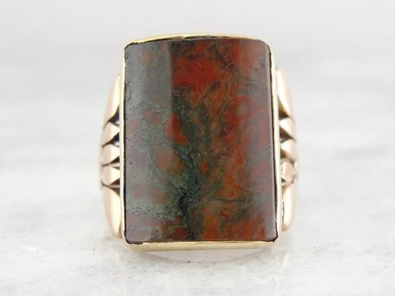 Rose Gold and Moss Agate Mens or Ladies Rare Barrel Cut RIng