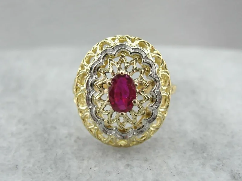 Ruby and Bright Gold Filigree Cocktail Ring