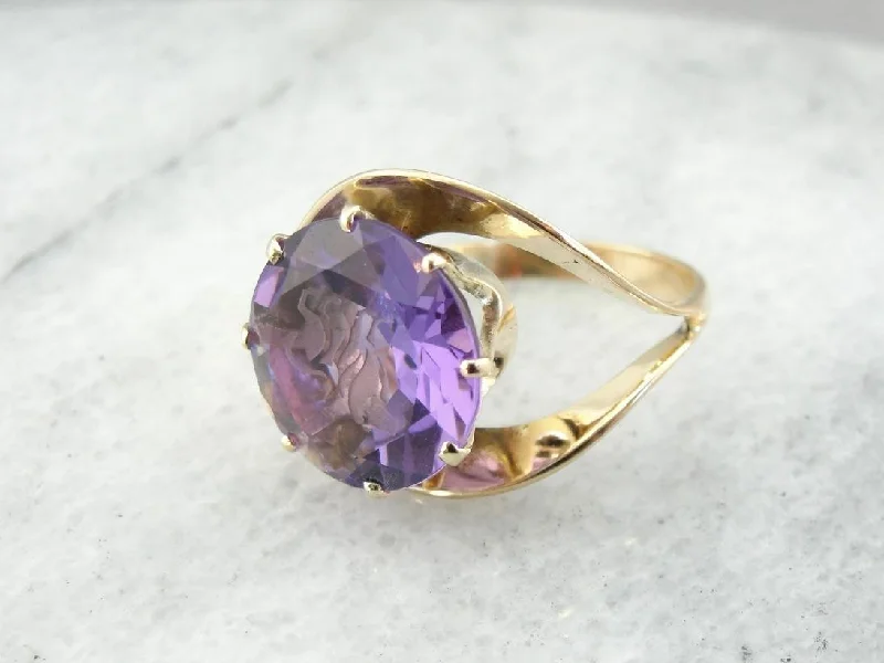 Spectacular Leonine Cocktail Ring with Etched Amethyst, Circa 1960's