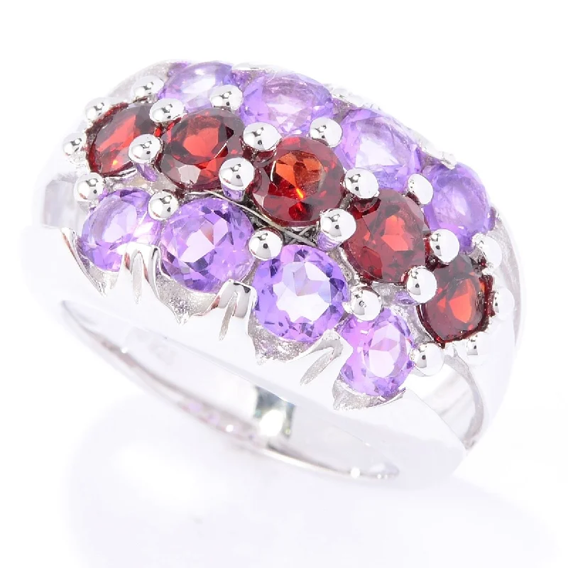 Ss/ Brilliant Cut Round 2.67Ctw Garnet & Amethyst Three-Row Cluster Ring