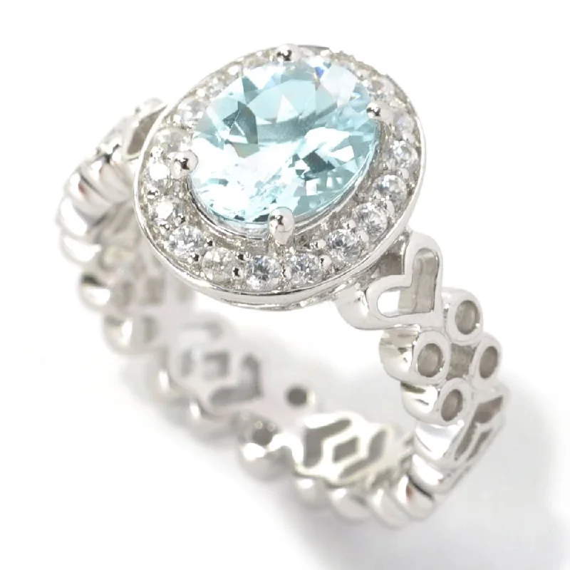 Sterling Silver 1.79ctw Oval Aquamarine/ White Zircon Halo Ring