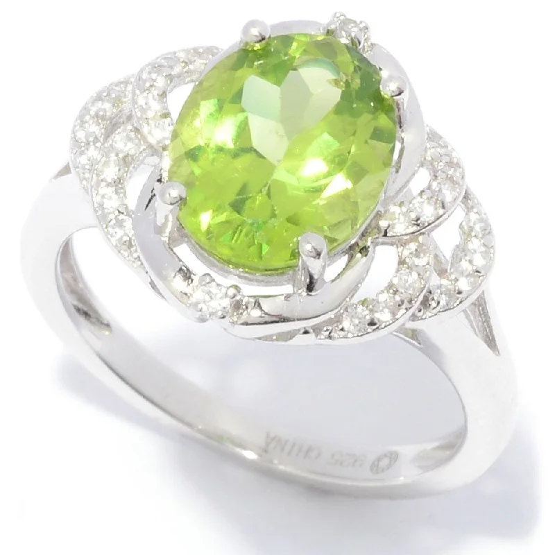 Sterling Silver 10 x 8mm Oval Cut Peridot & White Zircon Ring