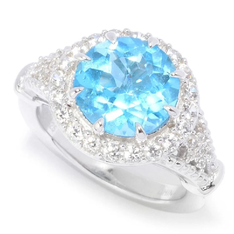 Sterling Silver 10mm Round Blue Topaz & White Zircon Halo Ring