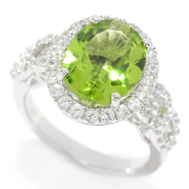 Sterling Silver 12 x 10mm Peridot & White Zircon Halo Ring