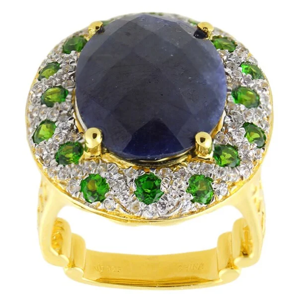 Sterling Silver 13 1/4 ctw Blue Sapphire, White Zircon and Chrome Diopside Ring