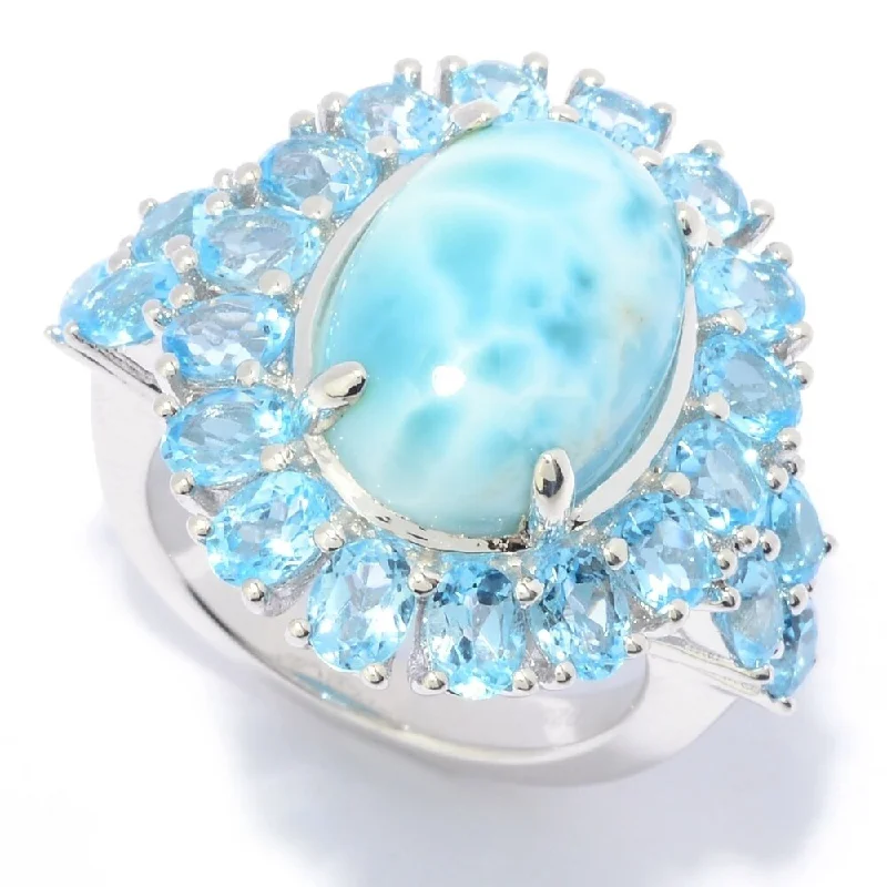 Sterling Silver 14 x 10mm Larimar & Blue Topaz Halo Ring